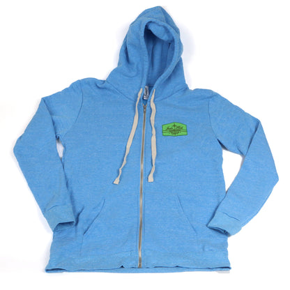 Blue Zip Up Hooded Sweatshirt with Josh Hall Surfboards Patch